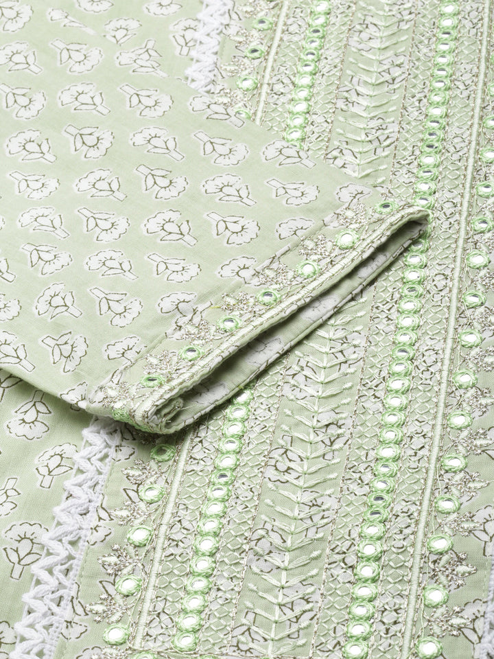 Neerus Green cotton printed kurta set with trousers and dupatta - detail view 2