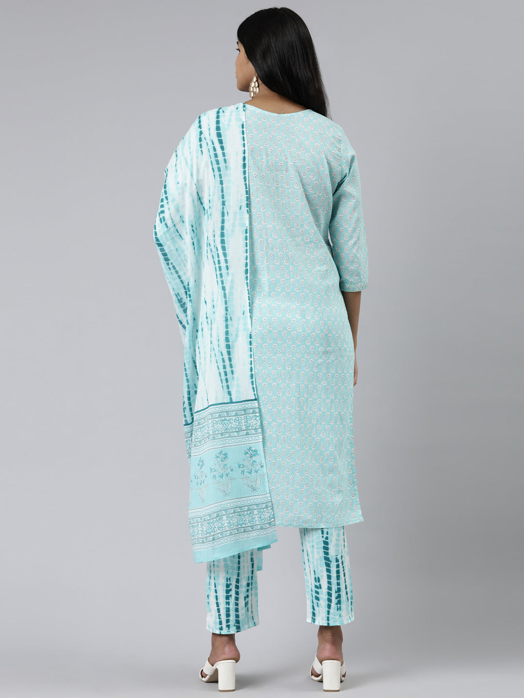 Neerus Green cotton printed kurta set with trouser and dupatta - side view