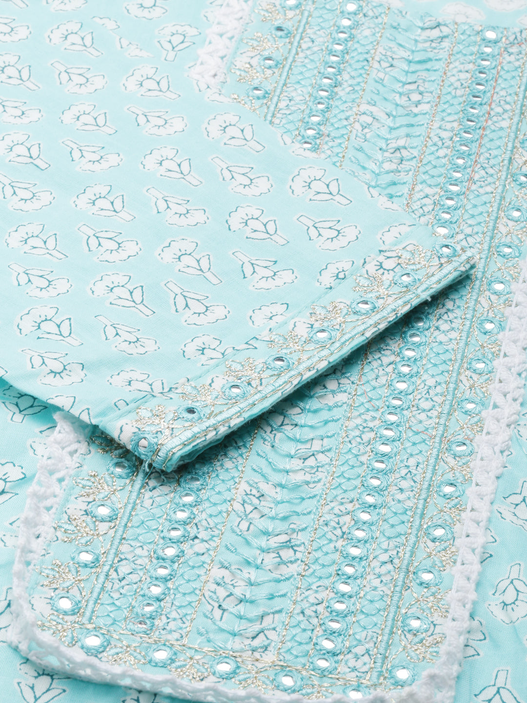 Neerus Green cotton printed kurta set with trouser and dupatta - detail view 2