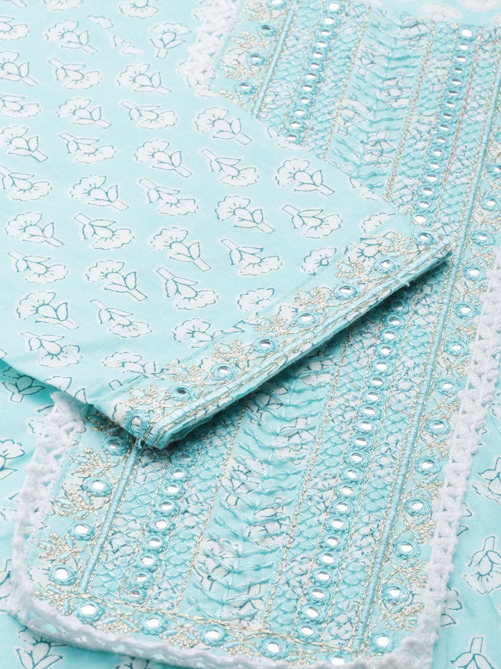 Neerus Green cotton printed kurta set with trouser and dupatta - detail view 2