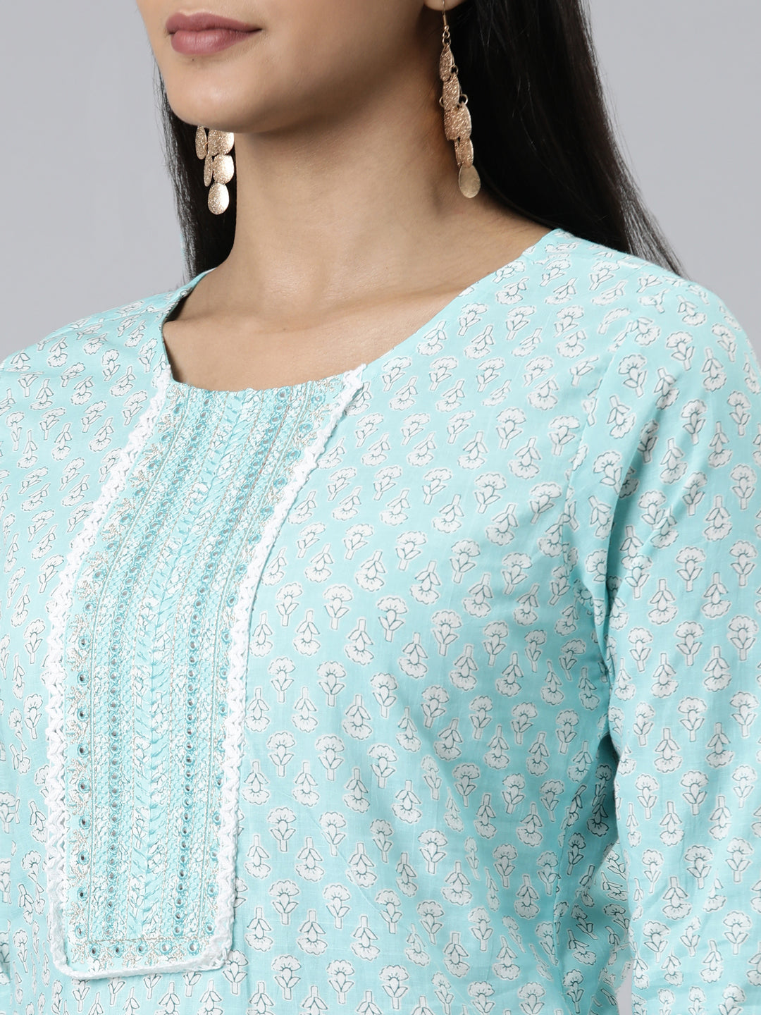 Neerus Green cotton printed kurta set with trouser and dupatta - detail view 1