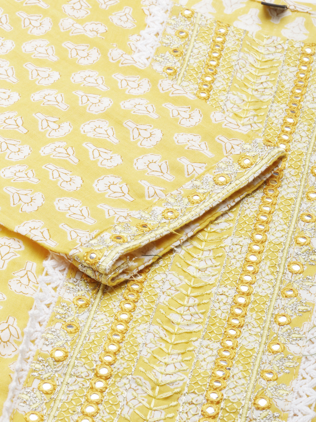 Neerus Yellow cotton printed kurta set with trouser and dupatta - detail view 1
