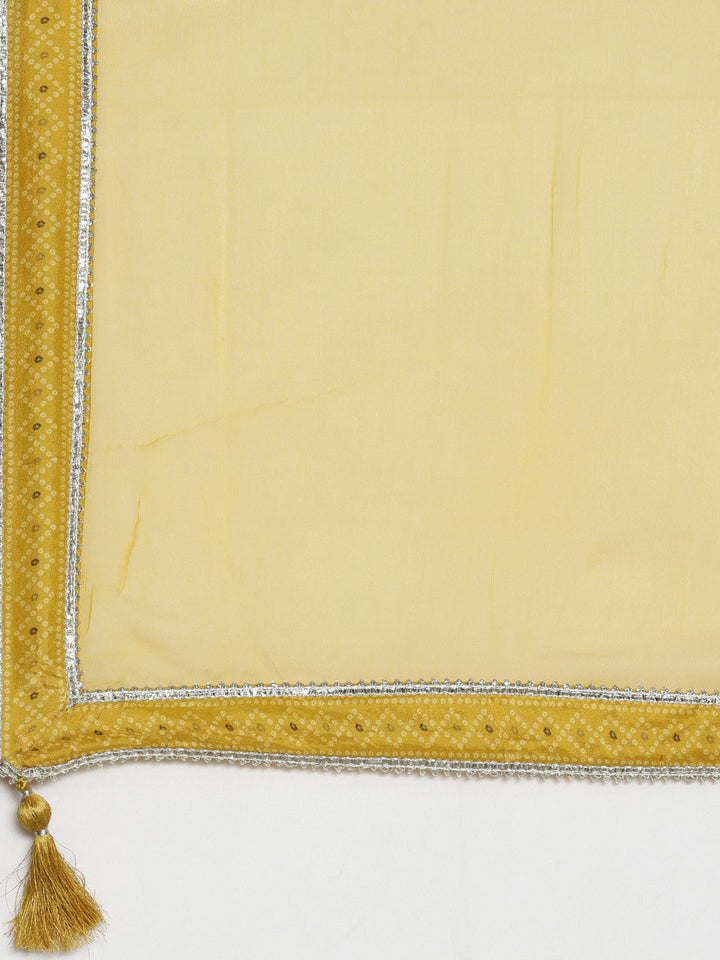Neerus Yellow cotton printed kurta set with trouser and dupatta - detail view 3