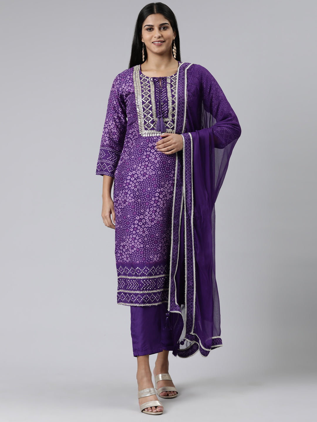 Neerus Purple muslin printed kurta set with trouser and dupatta - front view