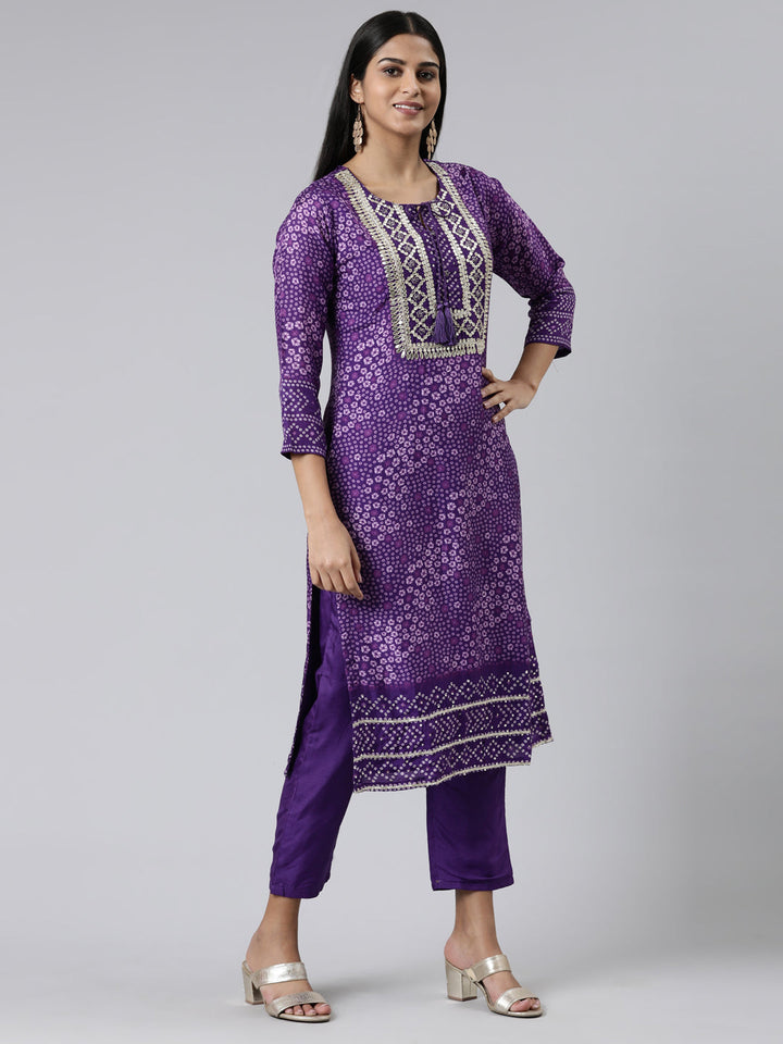 Neerus Purple muslin printed kurta set with trouser and dupatta - back view