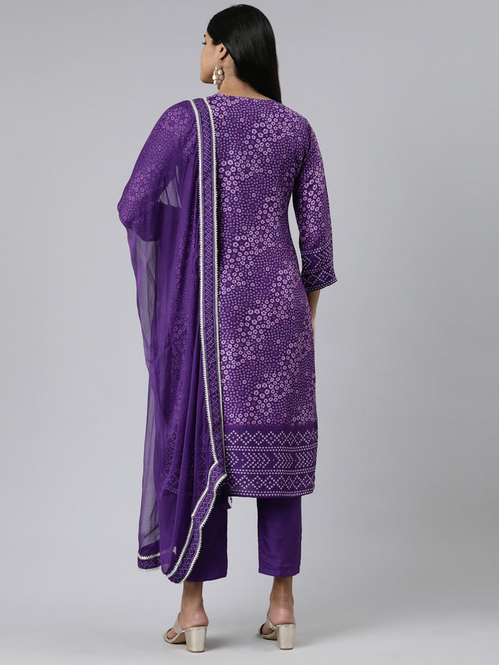 Neerus Purple muslin printed kurta set with trouser and dupatta - side view