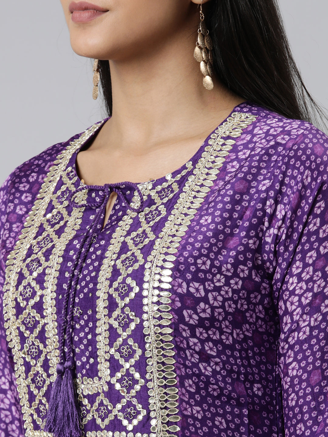 Neerus Purple muslin printed kurta set with trouser and dupatta - detail view 1