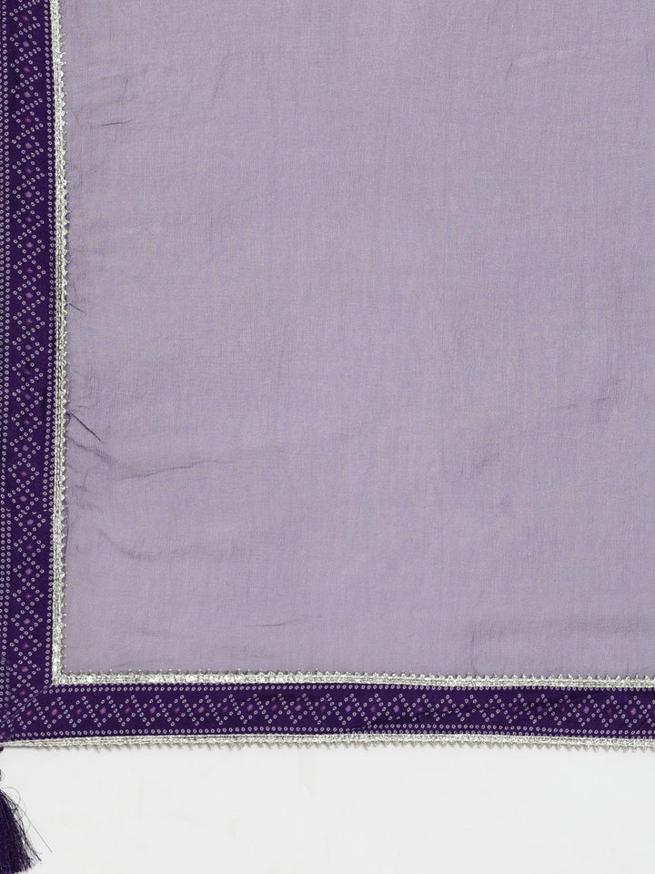 Neerus Purple muslin printed kurta set with trouser and dupatta - detail view 3