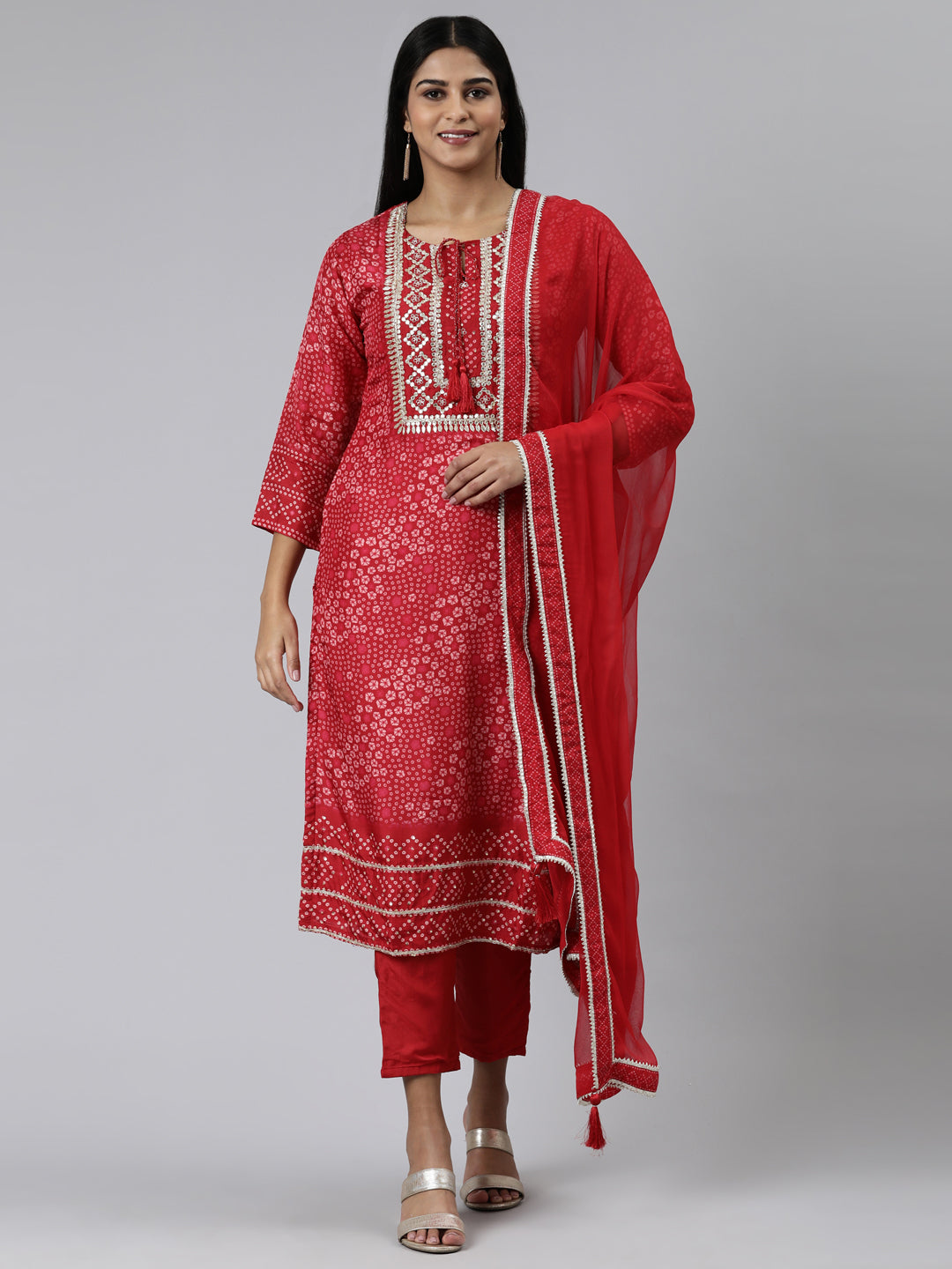 Neerus Red muslin printed kurta set with trouser and dupatta - front view
