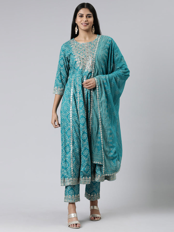 Neerus Blue printed kurta set with trouser and dupatta - front view