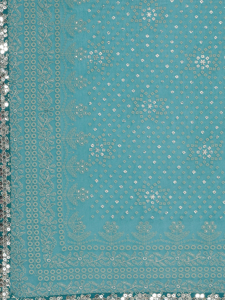 Neerus Blue printed kurta set with trouser and dupatta - detail view 4