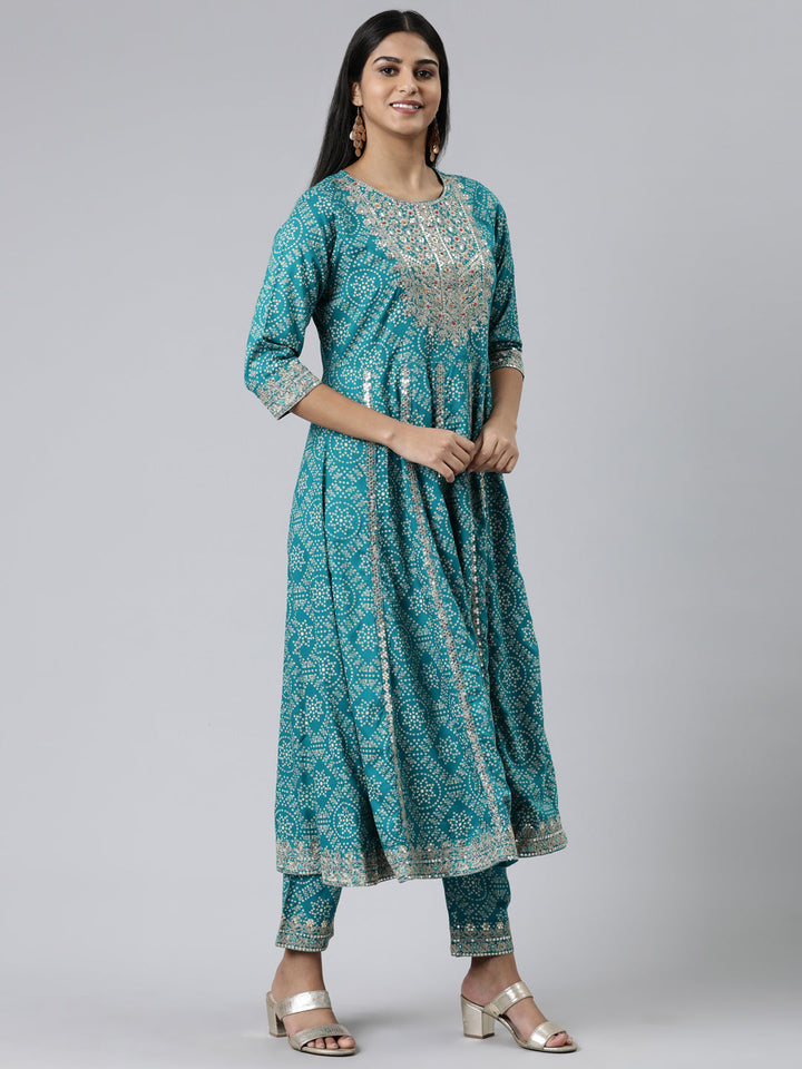 Neerus Blue printed kurta set with trouser and dupatta - back view