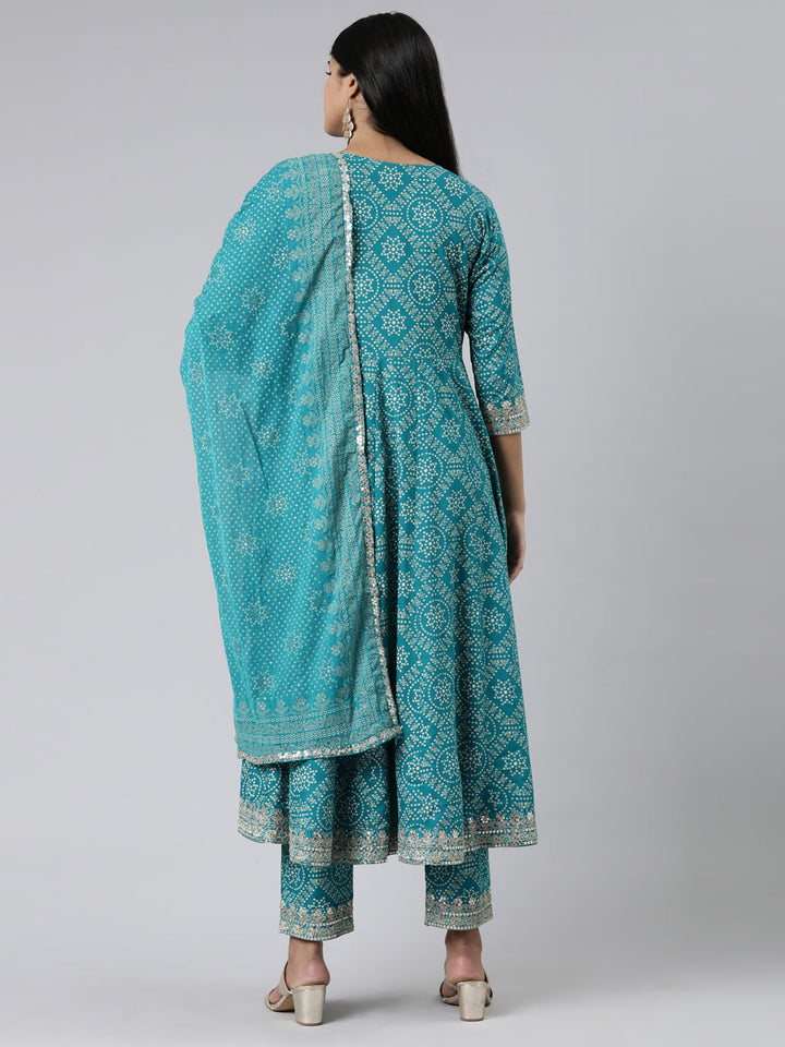 Neerus Blue printed kurta set with trouser and dupatta - side view