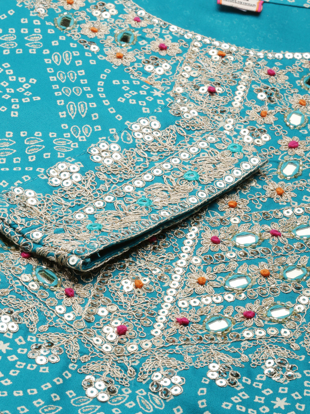 Neerus Blue printed kurta set with trouser and dupatta - detail view 2
