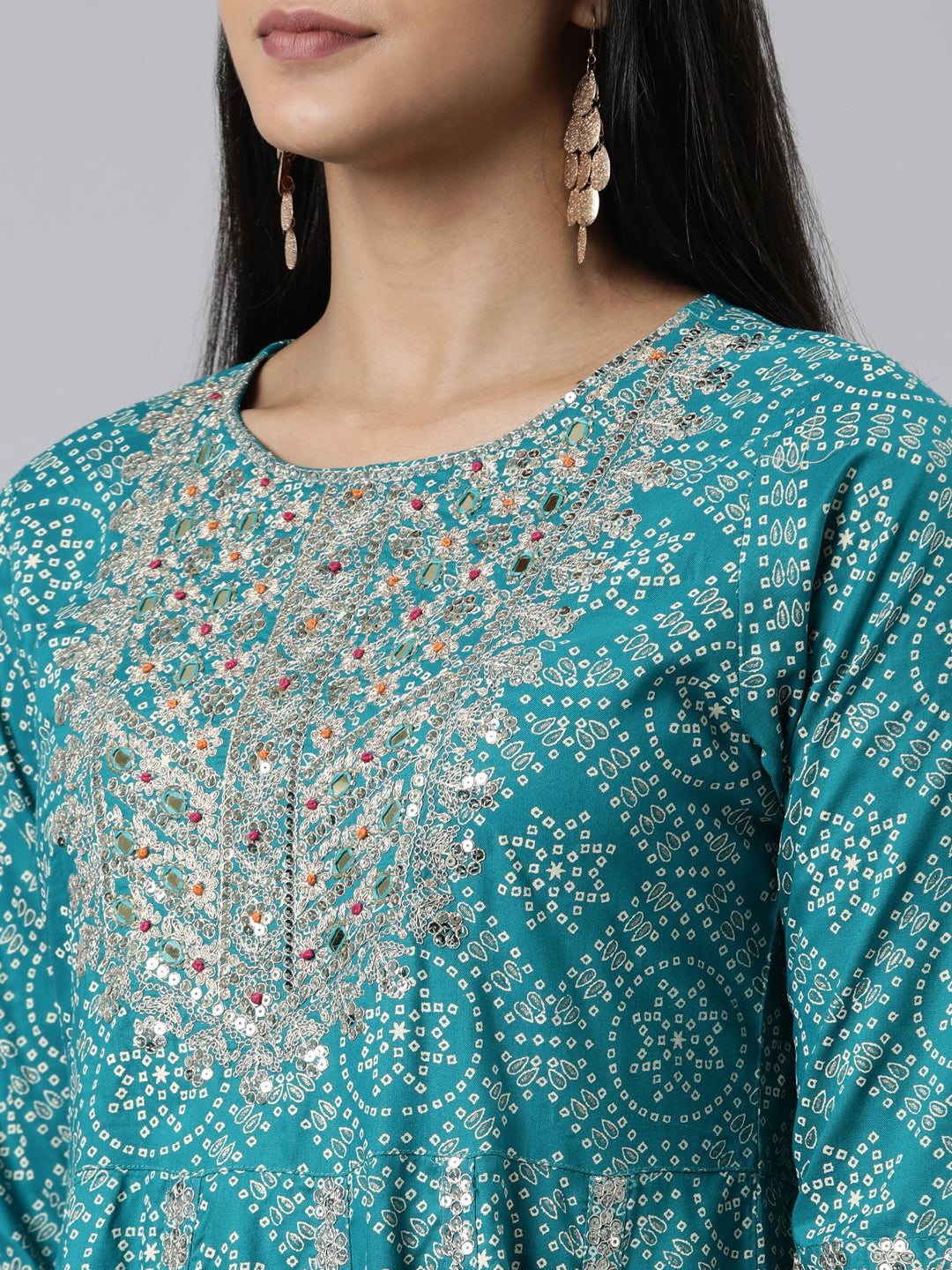 Neerus Blue printed kurta set with trouser and dupatta - detail view 1