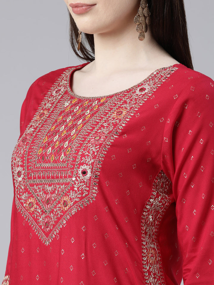 Neerus Red printed kurta sharara set with dupatta - detail view 1