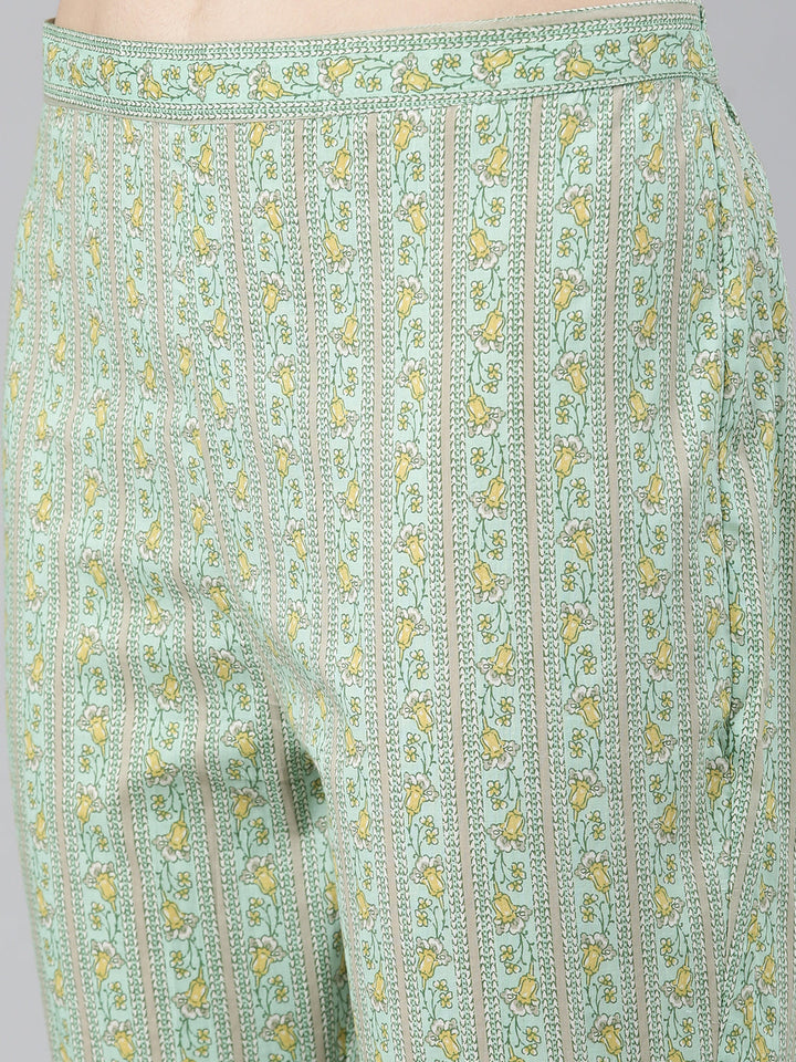 Neerus Green cotton printed kurta set with trouser and dupatta - detail view 3
