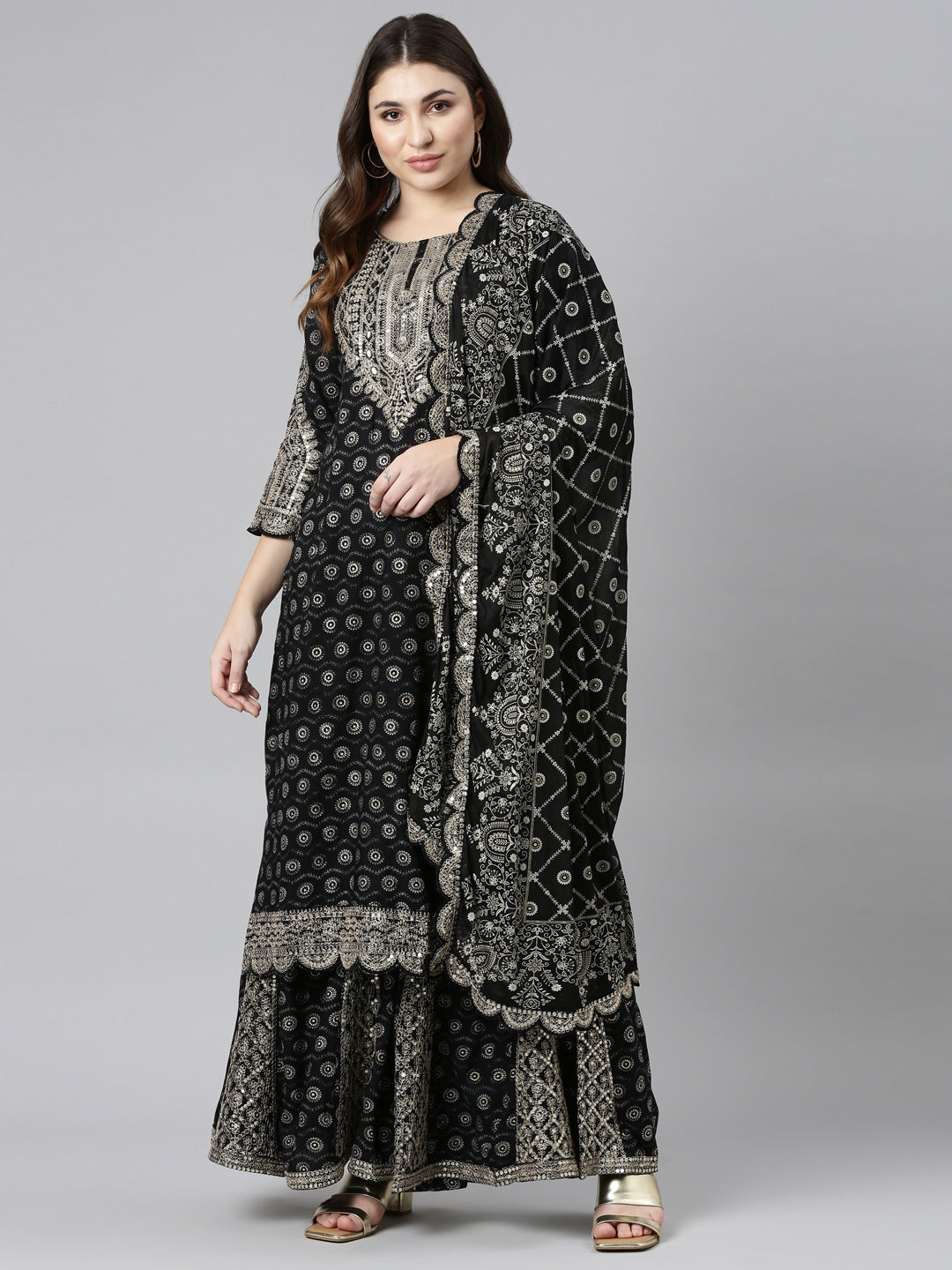 Neerus Black printed straight kurta sharara set - front view