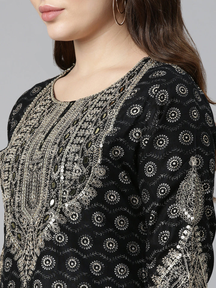 Neerus Black printed straight kurta sharara set - detail view 1
