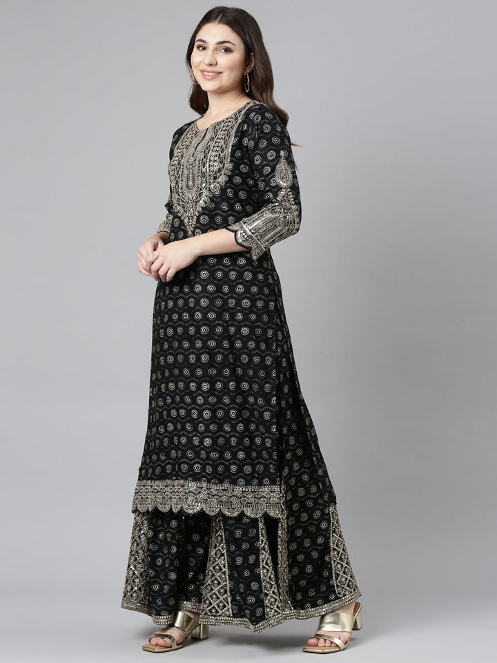 Neerus Black printed straight kurta sharara set - back view