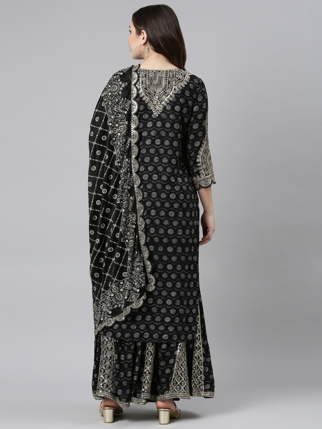 Neerus Black printed straight kurta sharara set - side view