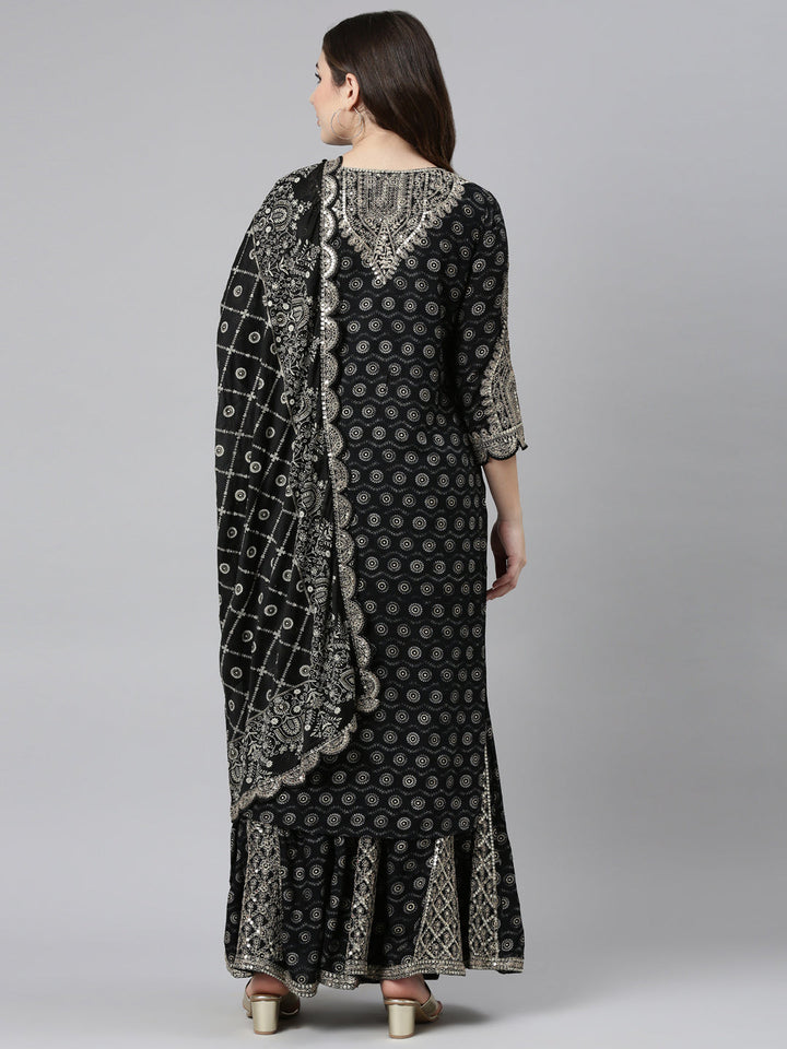 Neerus Black printed straight kurta sharara set - side view