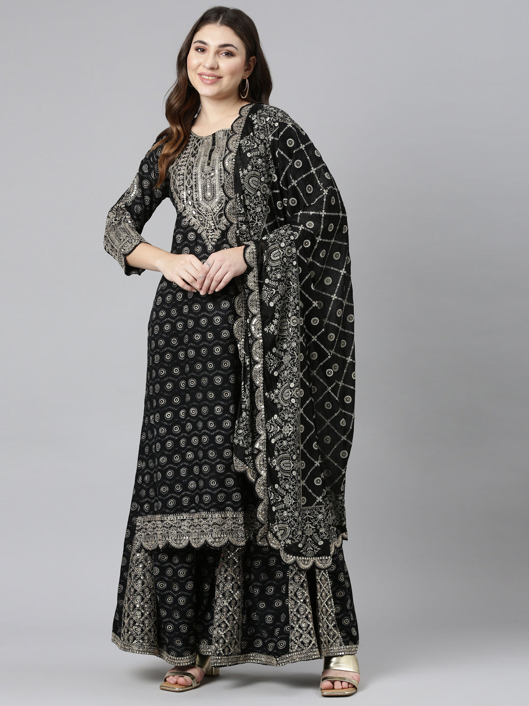Neerus Black printed straight kurta sharara set - detail view 2