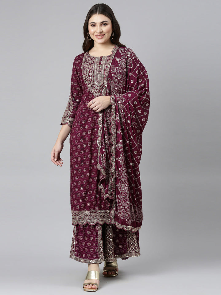 Neerus Purple printed straight kurta sharara set - front view