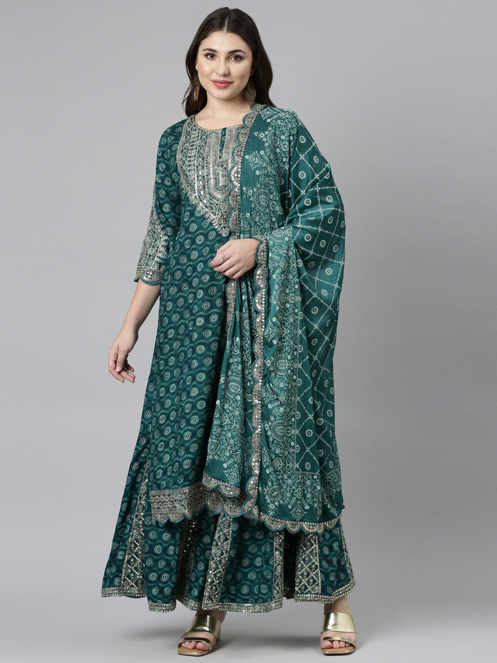 Neerus Green printed straight kurta set with sharara and dupatta - front view