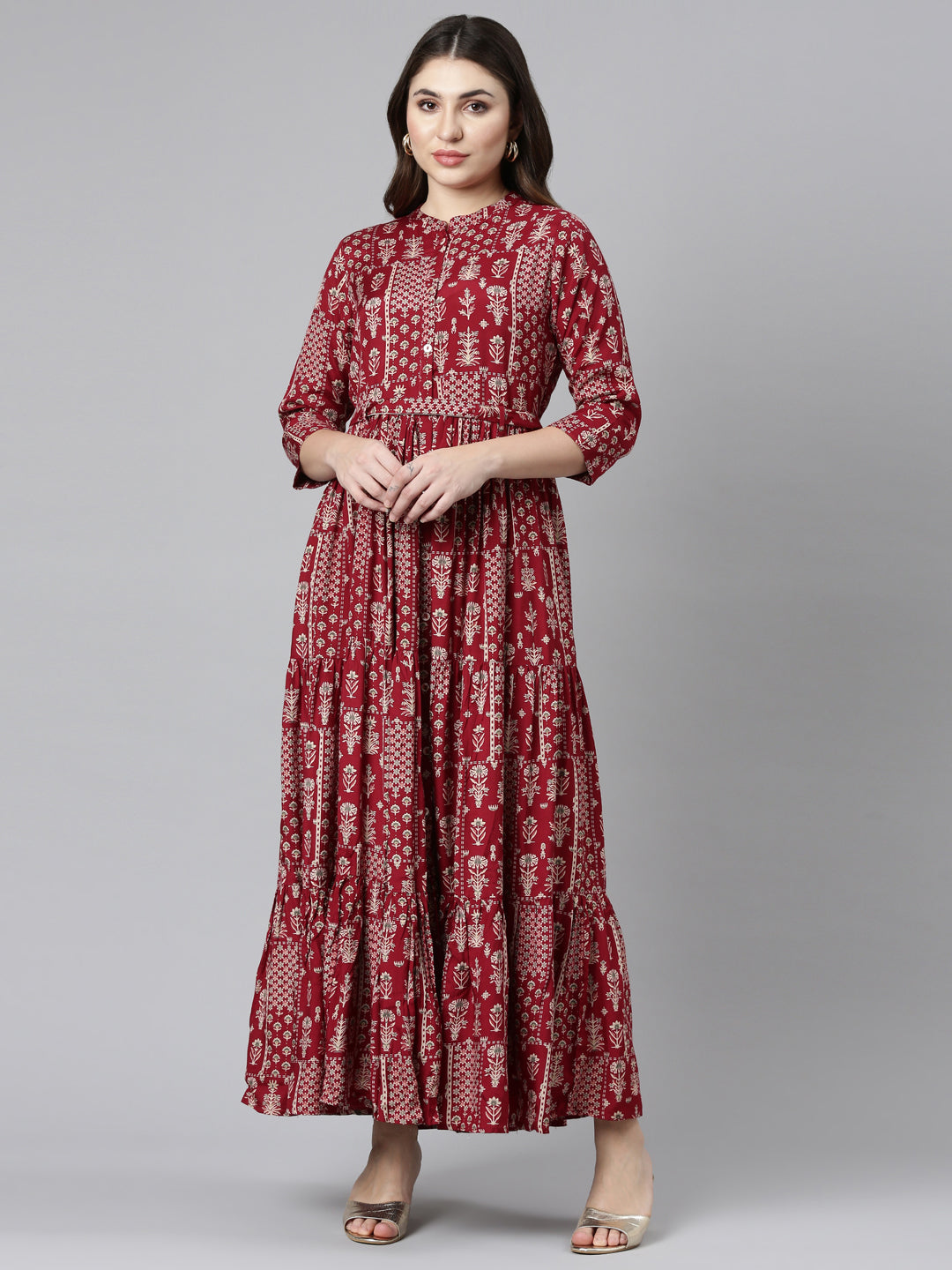 Neerus Maroon printed flared gown - front view