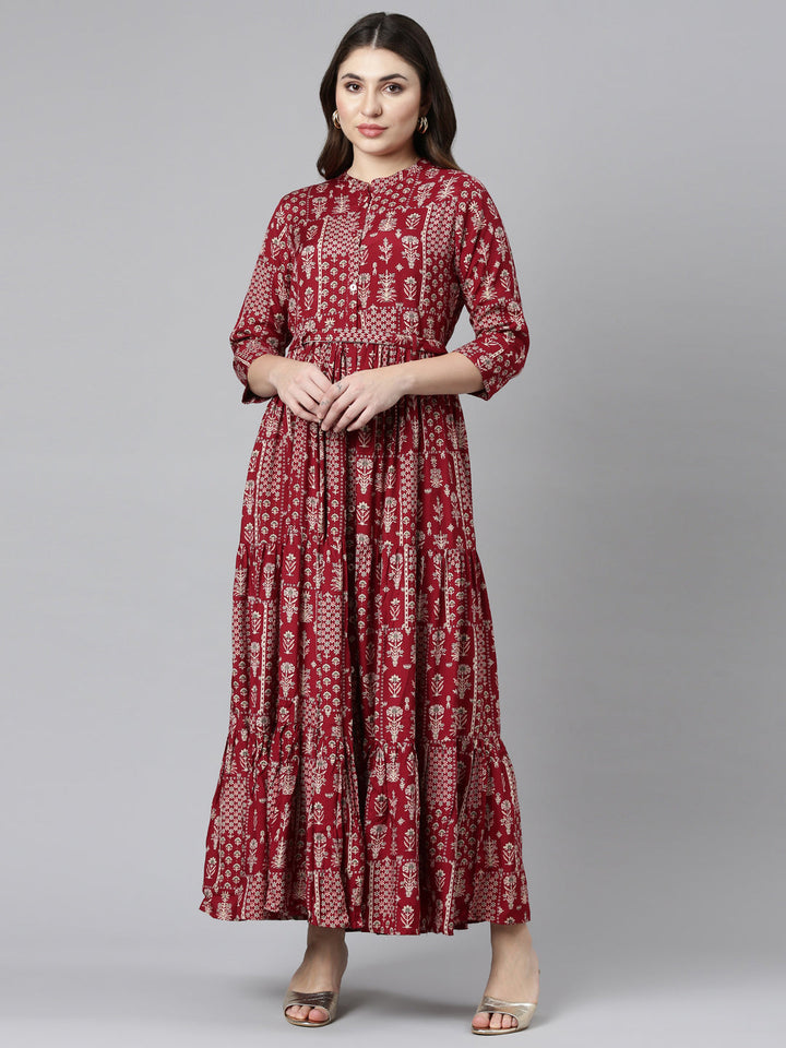 Neerus Maroon printed flared gown - front view