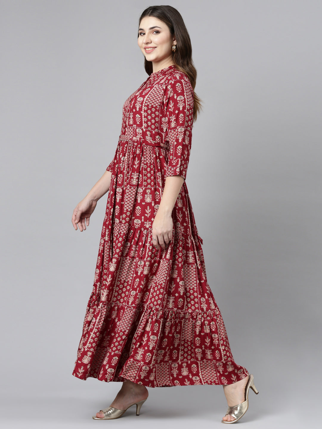 Neerus Maroon printed flared gown - back view