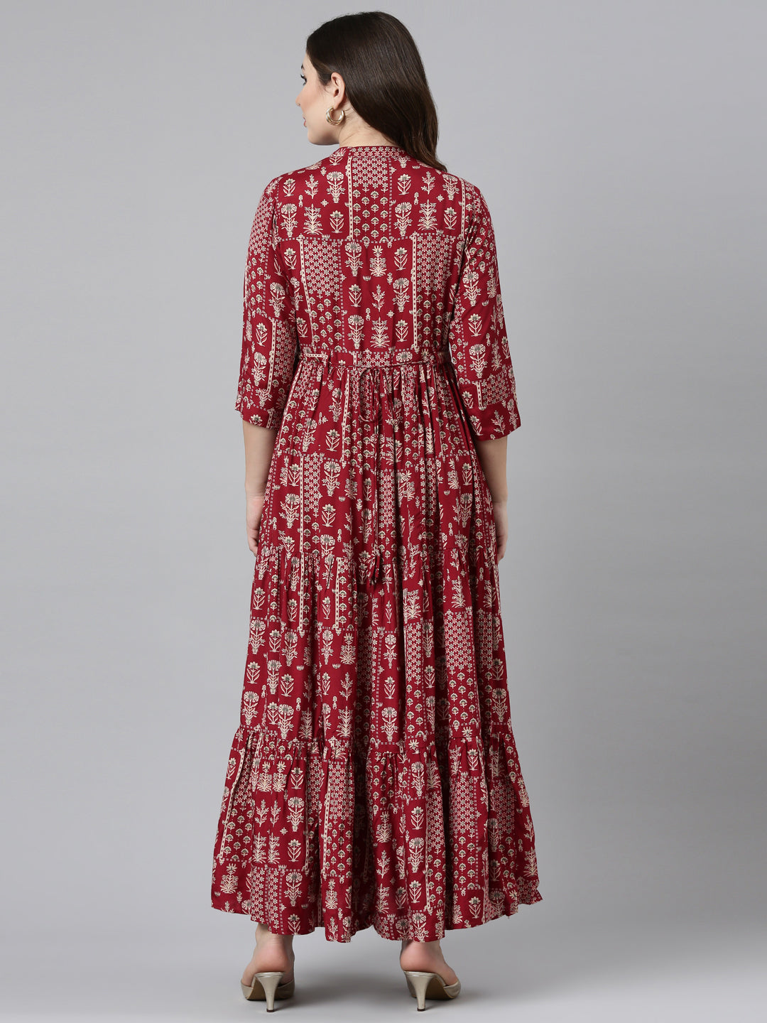 Neerus Maroon printed flared gown - side view
