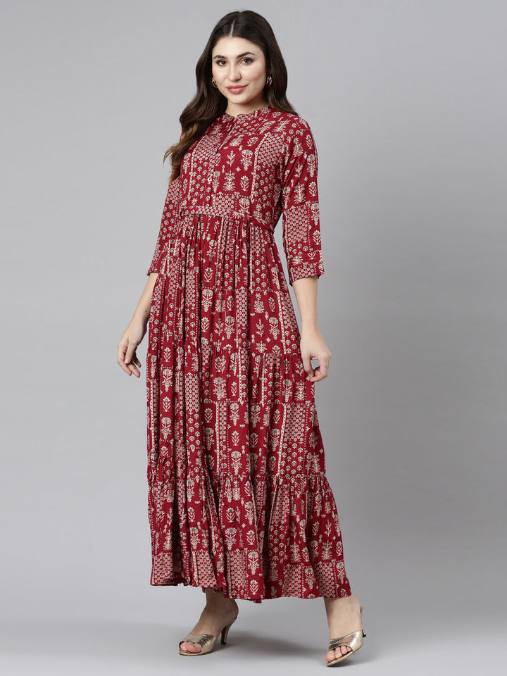 Neerus Maroon printed flared gown - detail view 2