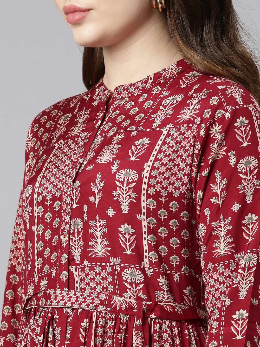 Neerus Maroon printed flared gown - detail view 1