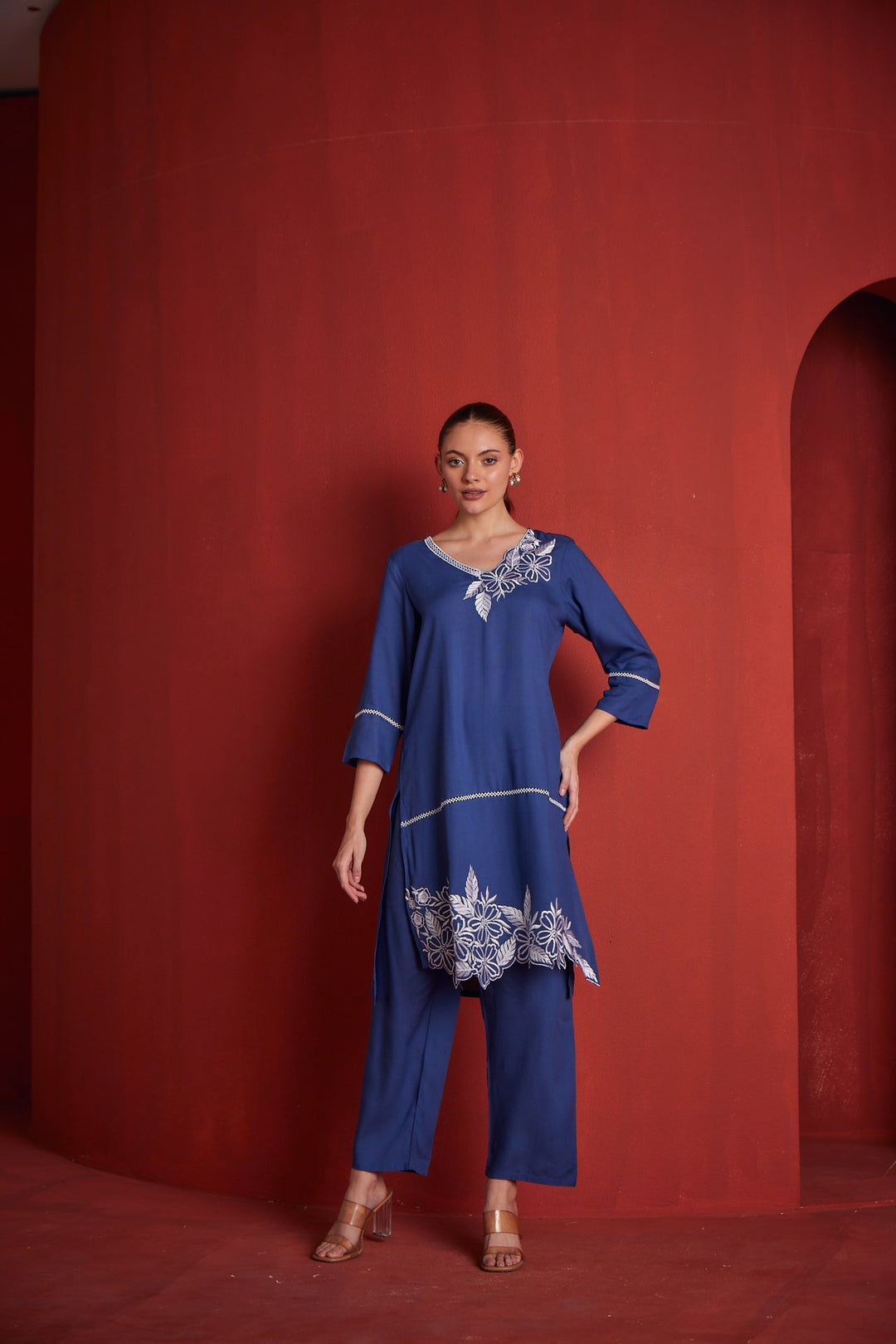 Neerus Blue cotton printed kurta set - front view