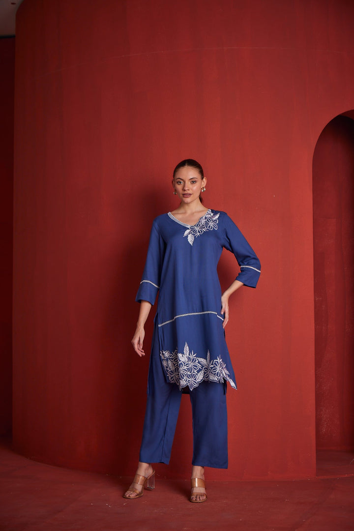 Neerus Blue cotton printed kurta set - front view