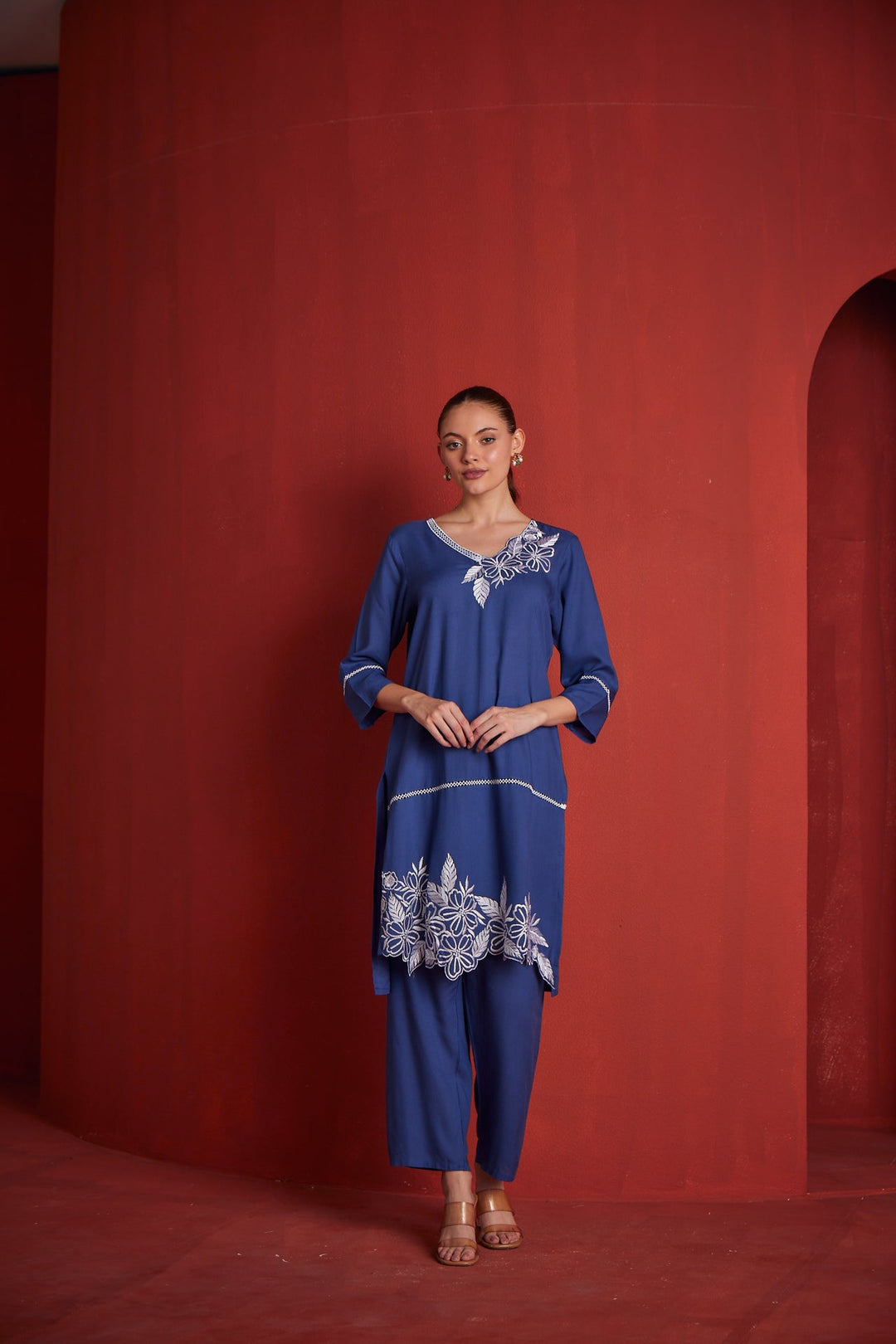 Neerus Blue cotton printed kurta set - back view