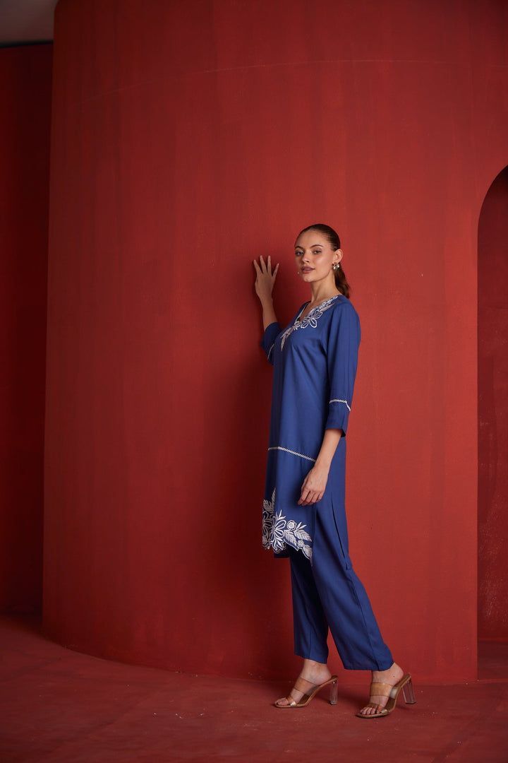 Neerus Blue cotton printed kurta set - side view