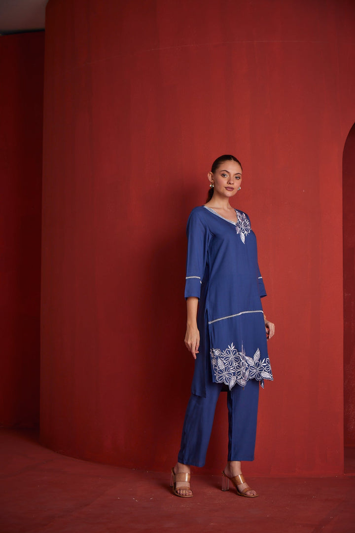 Neerus Blue cotton printed kurta set - detail view 1