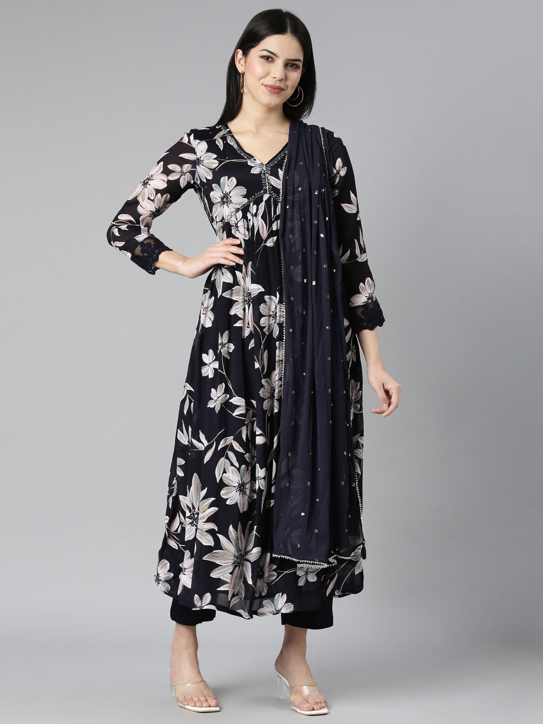 Neerus Blue Printed Floral Kurta Set with Trouser and Dupatta - front view