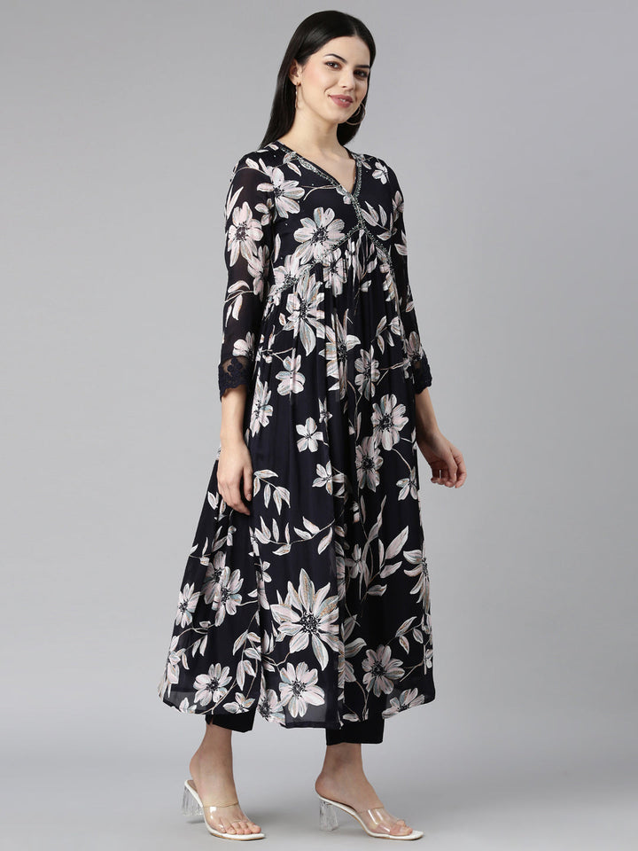 Neerus Blue Printed Floral Kurta Set with Trouser and Dupatta - back view