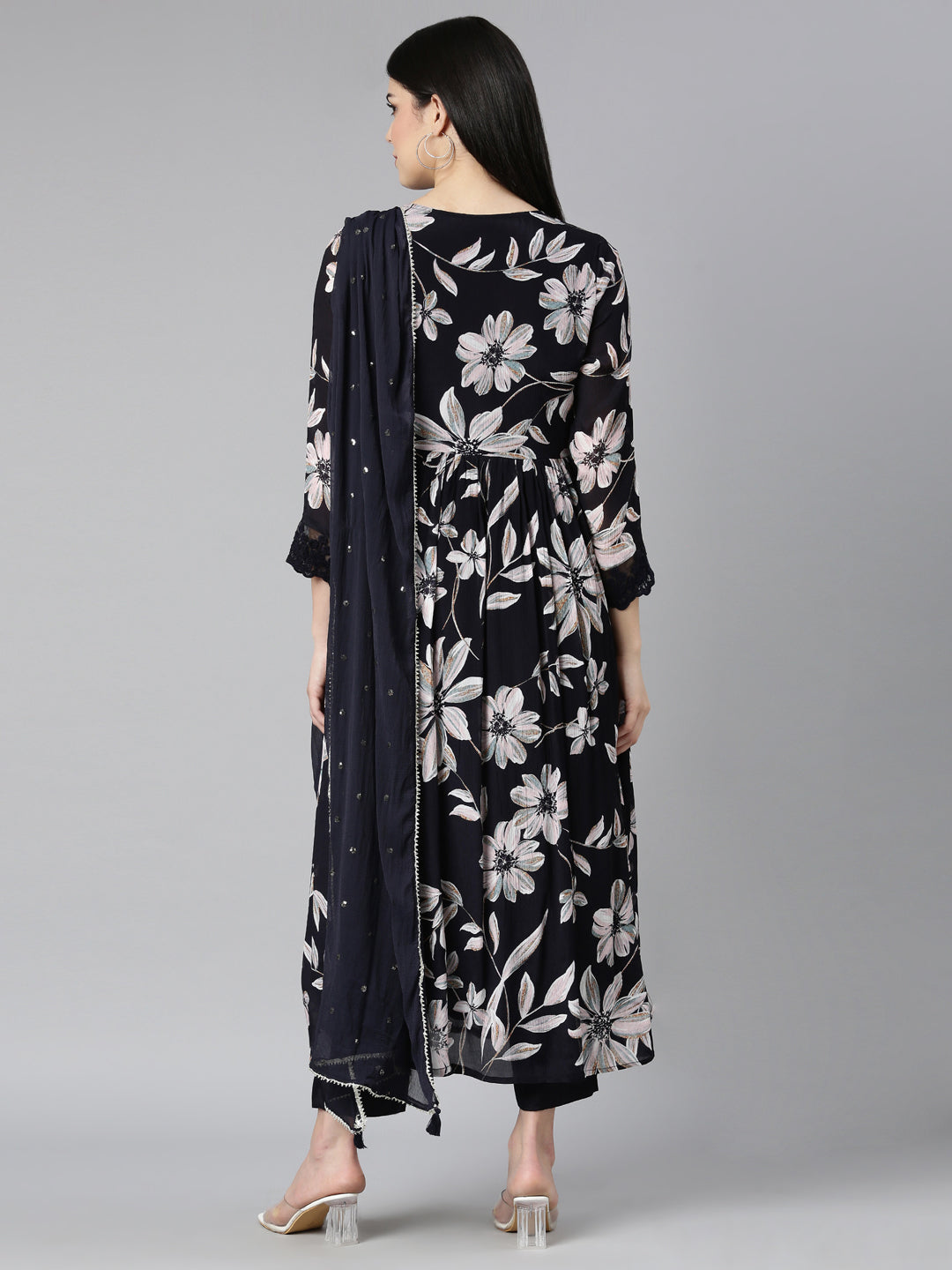 Neerus Blue Printed Floral Kurta Set with Trouser and Dupatta - side view