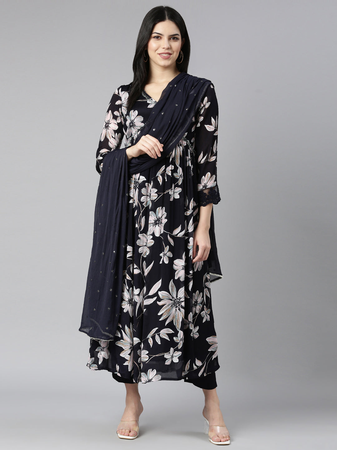 Neerus Blue Printed Floral Kurta Set with Trouser and Dupatta - detail view 1