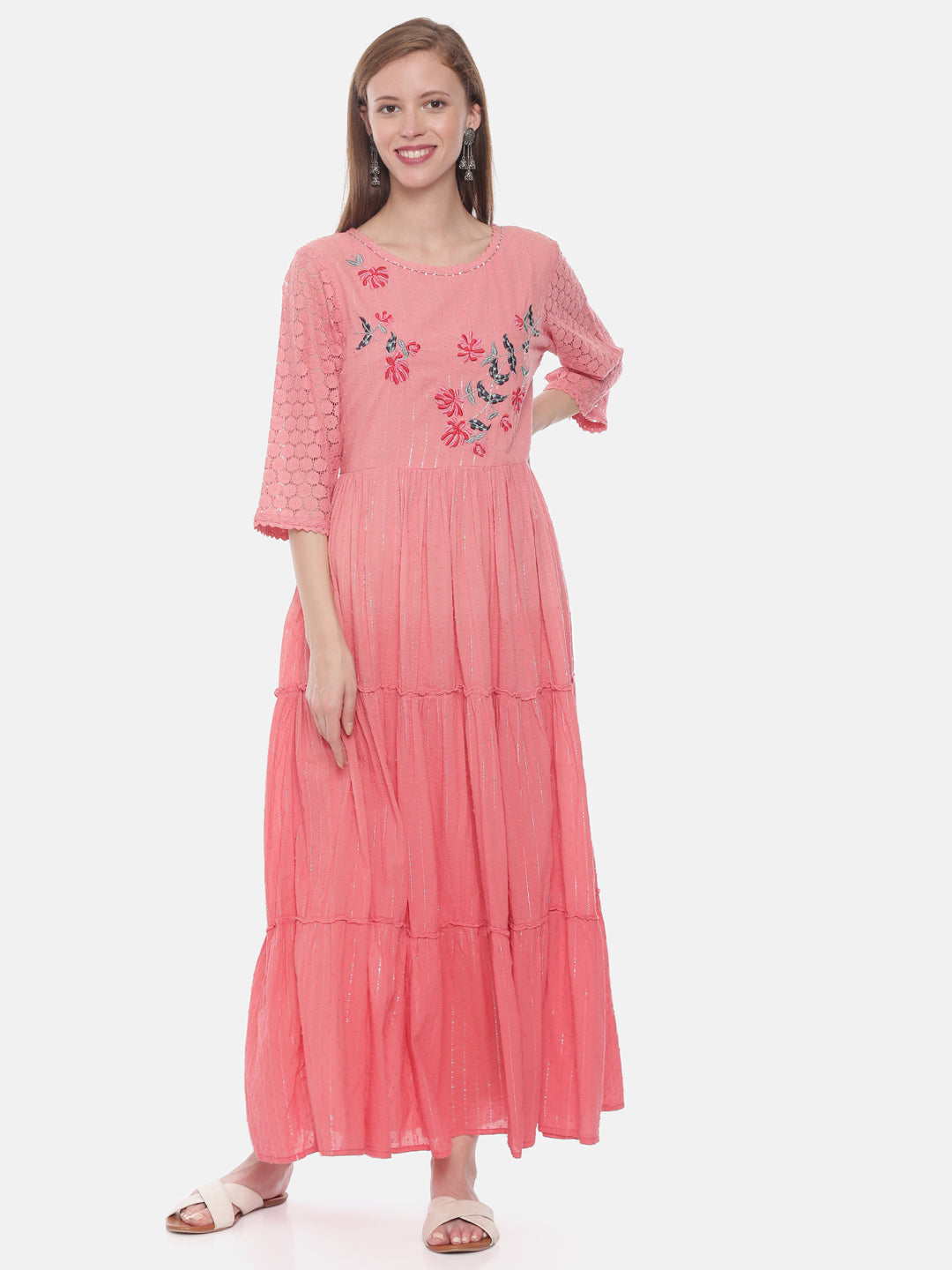 Neerus Pink cotton embroidered anarkali kurti - detail view 3