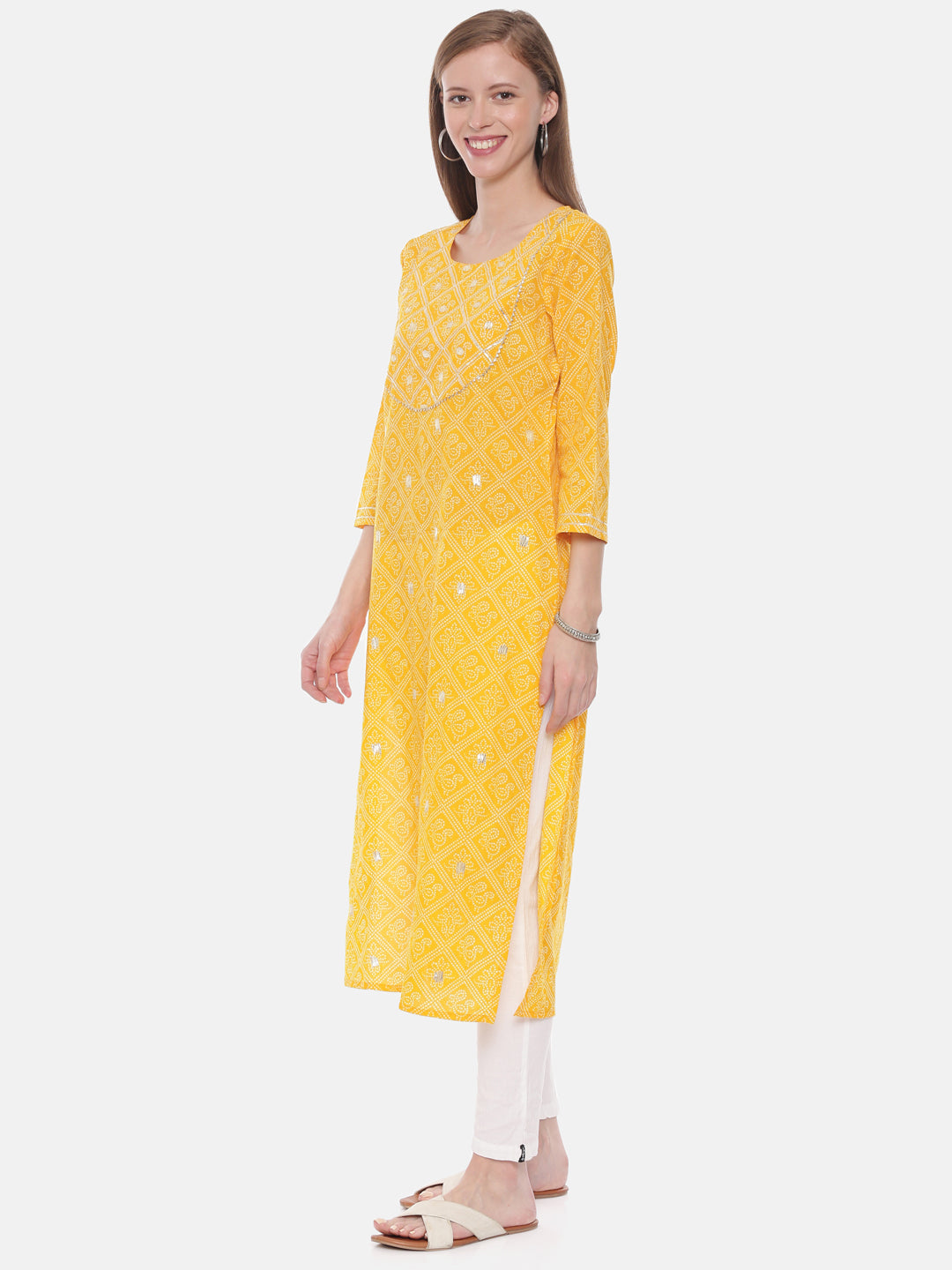 Neerus Yellow cotton printed straight kurta - side view