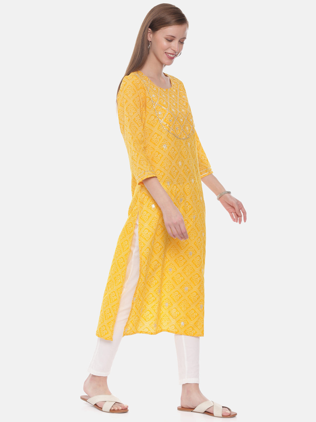 Neerus Yellow cotton printed straight kurta - detail view 1