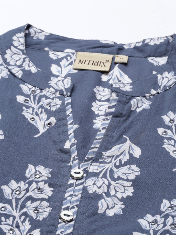 Neerus Grey cotton solid kurti - detail view 1