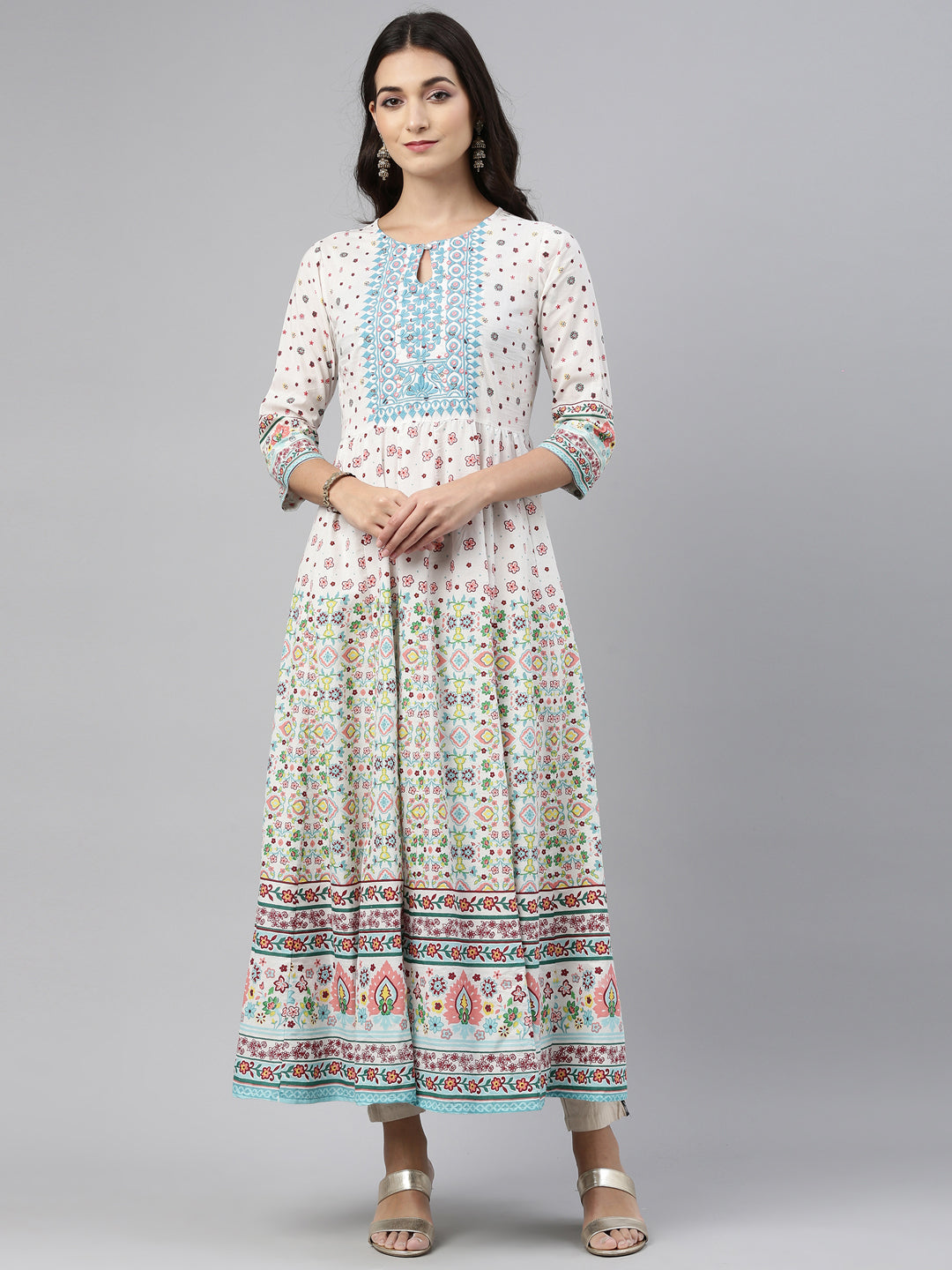 Neerus Green cotton solid kurti - front view