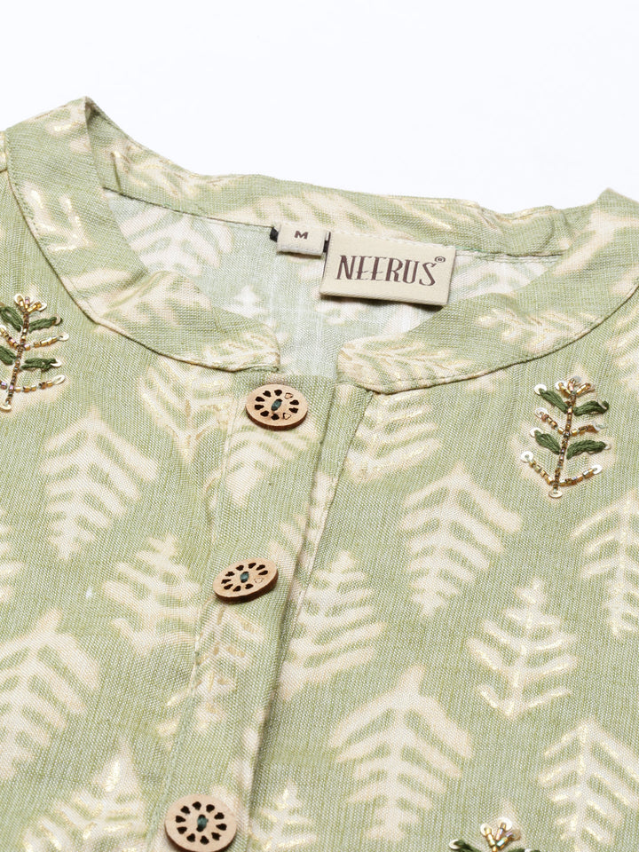 Neerus Green rayon printed kurti - detail view 5